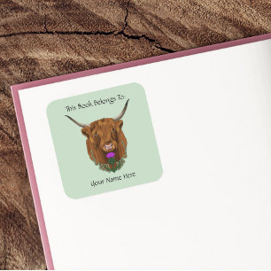 Highland Scottish Cow Purple Celtic Bookplate Square Sticker