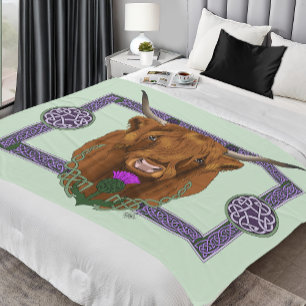 Highland Scottish Cow Purple Celtic Thistle Fleece Blanket