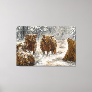 Highland Soul: Whimsical Snowy Cows Vintage Canvas Print