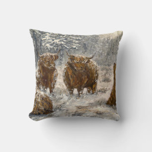 Highland Soul: Whimsical Snowy Cows Vintage Throw Pillow