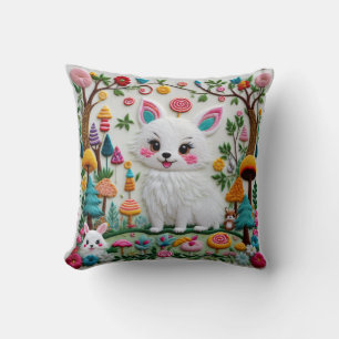 Highly Textured Embroidery Kawaii Animals Pattern Throw Pillow