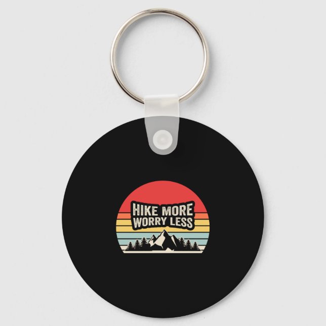 Hike more worry less retro sunset mountain hiking keychain (Front)
