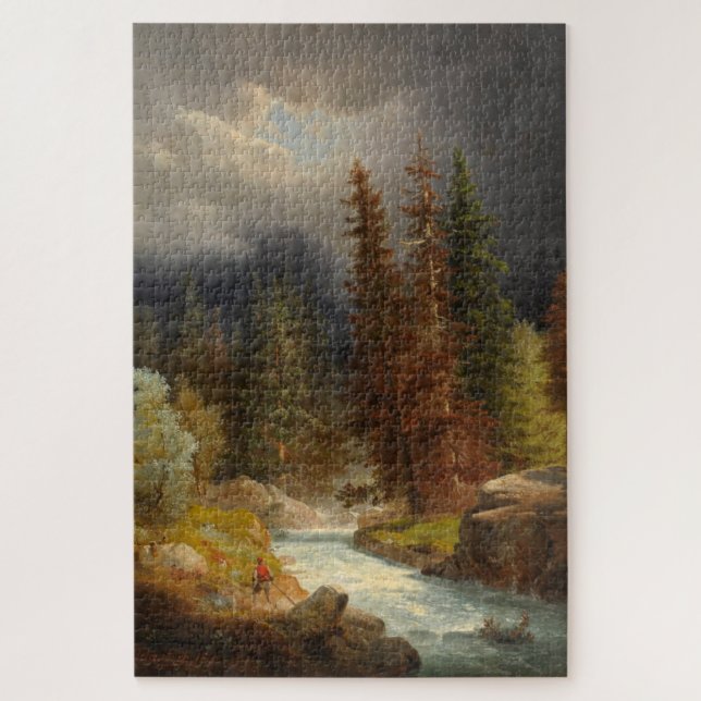 Hiker Beside a Torrential River in a German Forest Jigsaw Puzzle (Vertical)