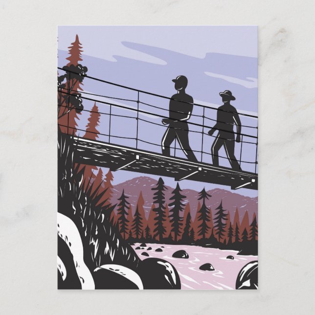 Hikers on Wawona Swinging Bridge in Yosemite WPA Postcard (Front)