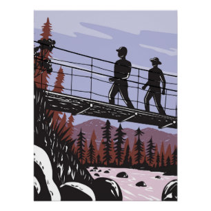 Hikers on Wawona Swinging Bridge in Yosemite WPA Poster