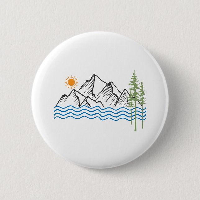 hiking and camping in mountains graphic 2 inch round button (Front)