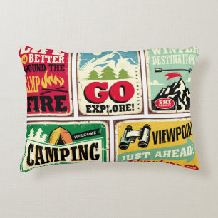 Hiking and camping retro signs collection. Outdoor Accent Pillow