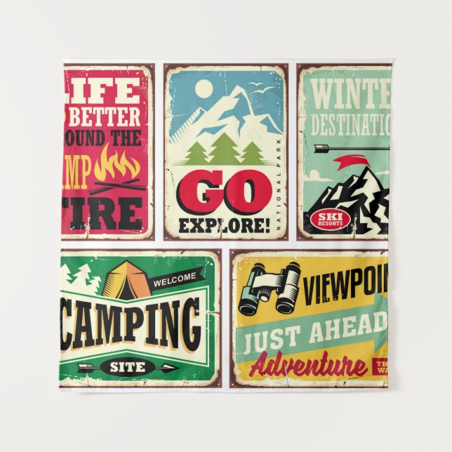 Hiking and camping retro signs collection. Outdoor Tapestry (Front)