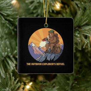 Hiking Bear Coffee Break Cute Outdoor Explorer's Ceramic Ornament