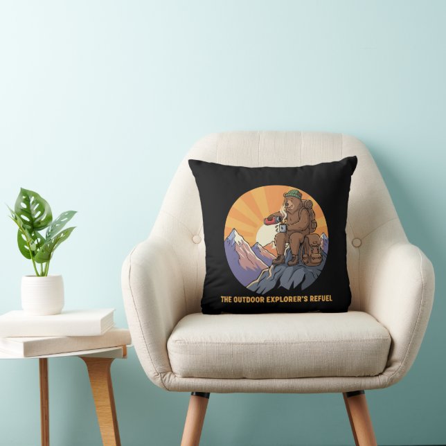 Hiking Bear Coffee Break | Cute Outdoor Explorer's Throw Pillow (Chair)