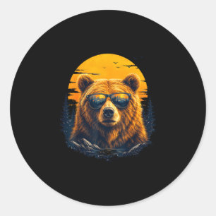 Hiking bear with sunglasses retro mountain art classic round sticker