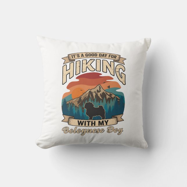 Hiking Bolognese Dog Mountains Sunset Throw Pillow (Front)