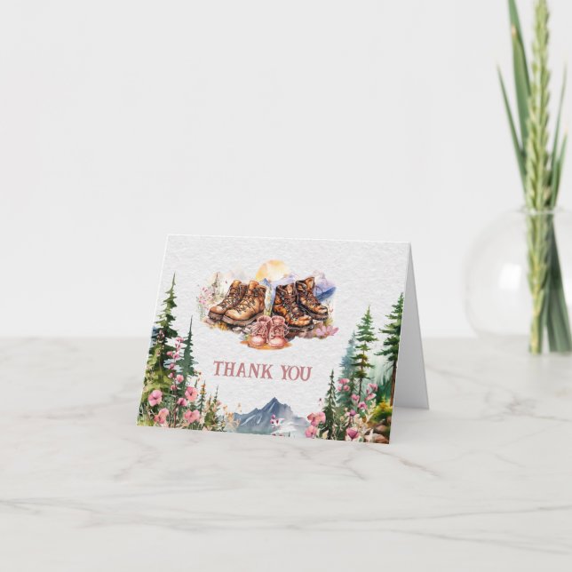 Hiking Boots Pink Girl Baby Shower Thank You Card (Front)