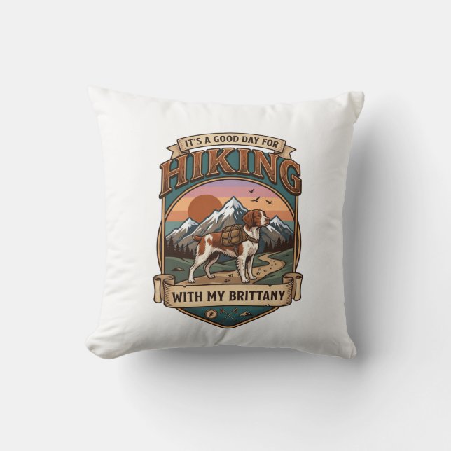 Hiking Brittany Dog Backpack Mountains Throw Pillow (Front)