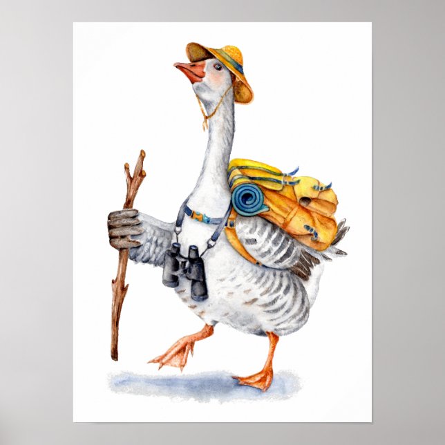 Hiking Goose with Backpack and Binoculars Poster (Front)