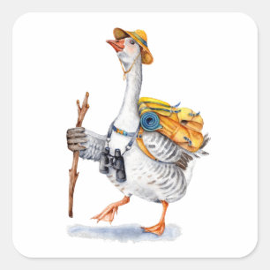 Hiking Goose with Backpack and Binoculars Square Sticker