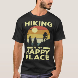 Hiking is My Happy Place Retro Sunset Mountain Cli T-Shirt