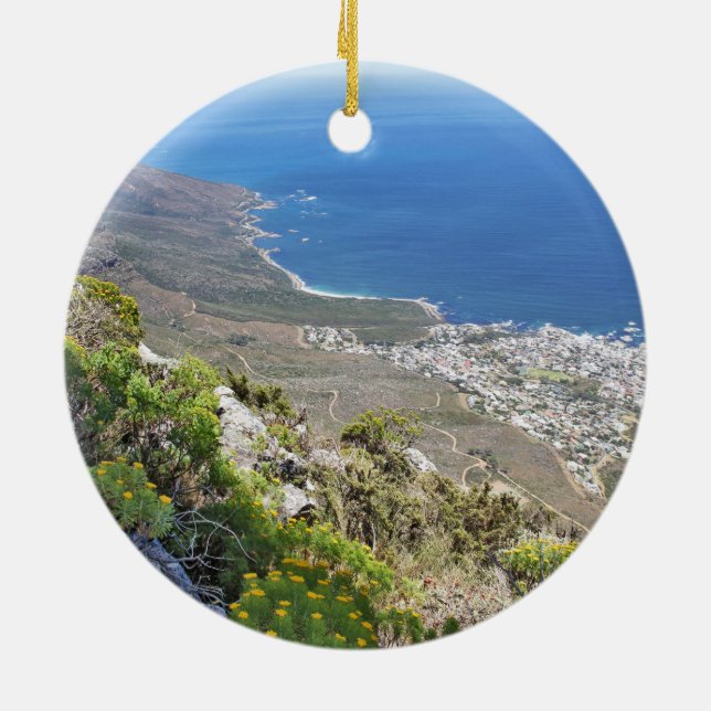 Hiking on Table Mountain- View over Camp's Bay Ceramic Ornament (Back)