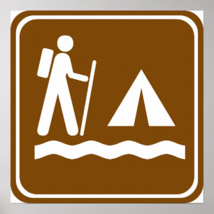 Hiking Trail with Lakeside Camping Highway Sign