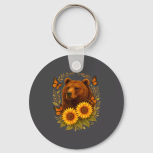 Hilarious Bear Butterfly Nature Rustic Sunflower M Keychain