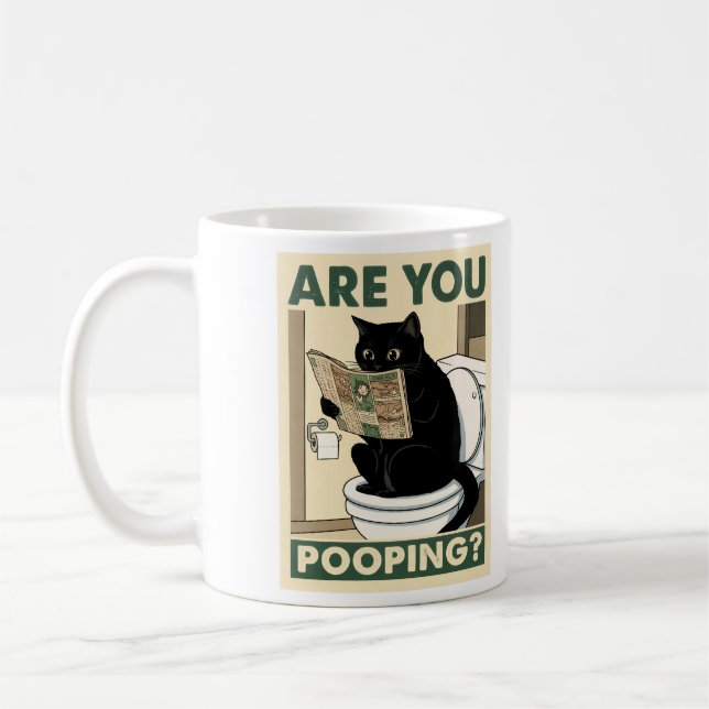 Hilarious Cat Reading Paper in Bathroom Coffee Mug (Left)