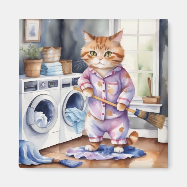 Hilarious Cute Cat in Pyjamas Doing Laundry  Magnet (Front)