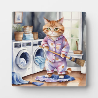 Hilarious Cute Cat in Pyjamas Doing Laundry Plaque