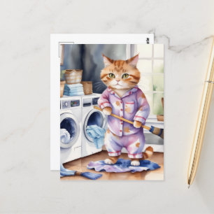 Hilarious Cute Cat in Pyjamas Doing Laundry  Postcard