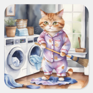 Hilarious Cute Cat in Pyjamas Doing Laundry  Square Sticker