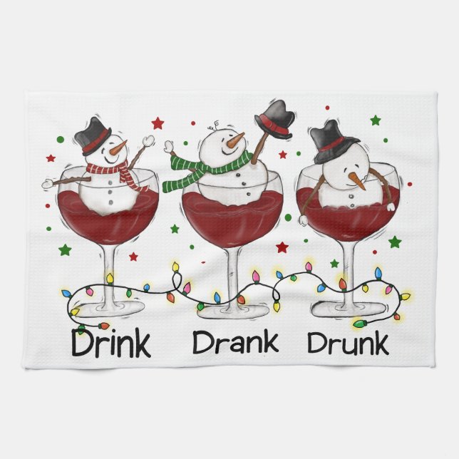 Hilarious “Drink, Drank, Drunk” Snowman and Wine  Kitchen Towel (Horizontal)
