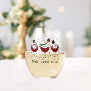 Hilarious “Drink, Drank, Drunk” Snowman and Wine  Stemless Wine Glass