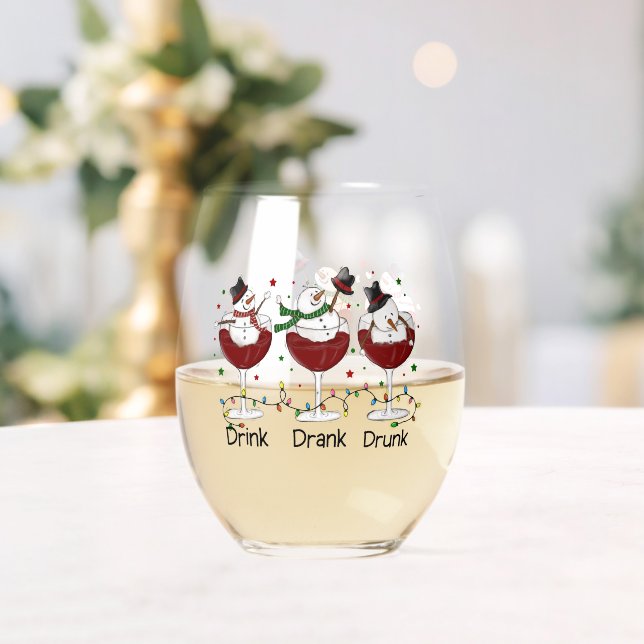 Hilarious “Drink, Drank, Drunk” Snowman and Wine  Stemless Wine Glass (Insitu (Wedding))