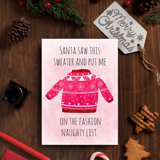 Hilarious Naughty List Pink Ugly Christmas Sweater Holiday Card (Creator Uploaded)