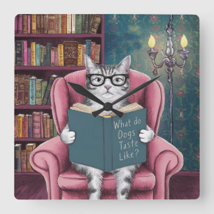 Hilarious Picture of a Cat Reading a Book  Square Wall Clock