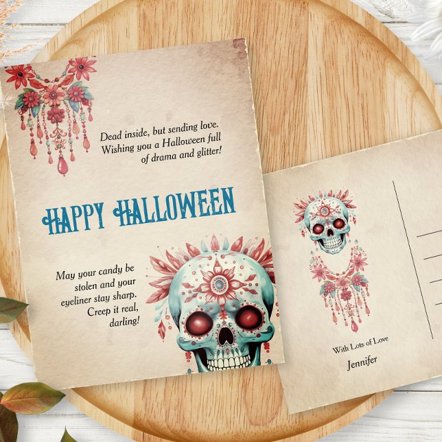 Hilarious Pink Blue Sugar Skull Funny Halloween Postcard (Creator Uploaded)