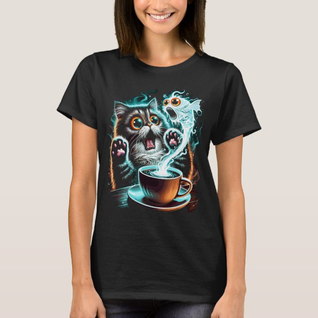 Hilarious Scared Cat and Ghost Fish Design T-Shirt (Front)
