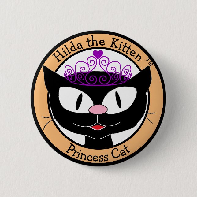 Hilda the Kitten™ Princess Cat (Black Cartoon Cat) 2 Inch Round Button (Front)