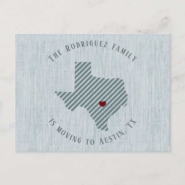Hill Country Blue Linen and Heart Texas Moving Announcement Postcard (Front)