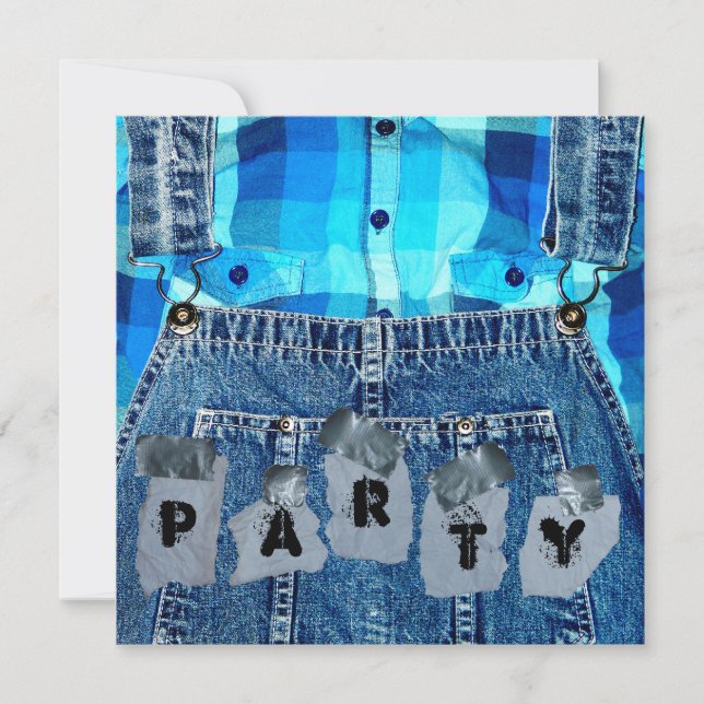 Hillbilly Party! Jean Overalls Plaid and Duct Tape Invitation (Front)