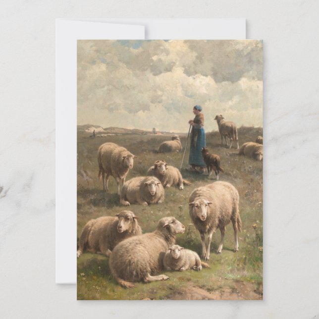 Hillside Landscape with Sheep and Shepherdess  Holiday Card (Front)