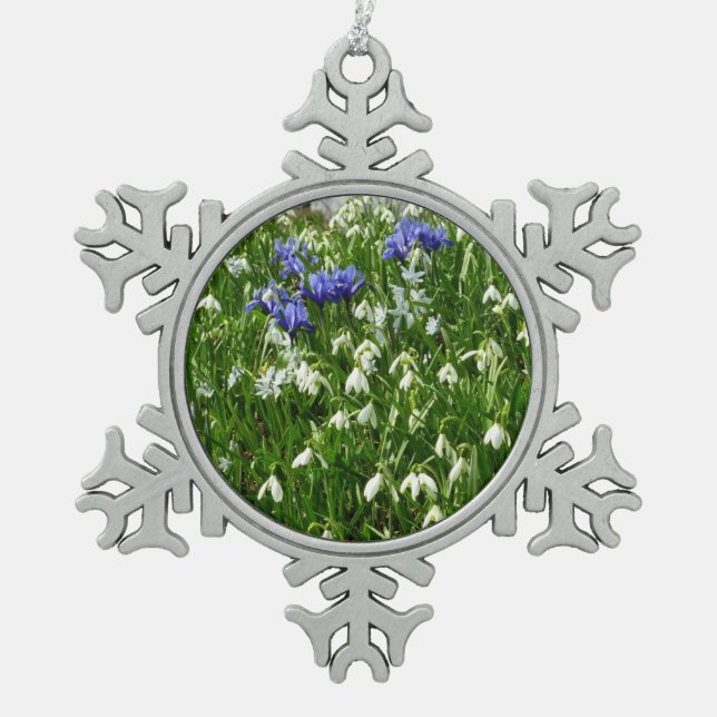 Hillside of Early Spring Flowers Landscape Snowflake Pewter Christmas Ornament (Front)