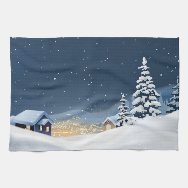 Hillside Snowy Christmas Scene, home & pines  Kitchen Towel (Horizontal)