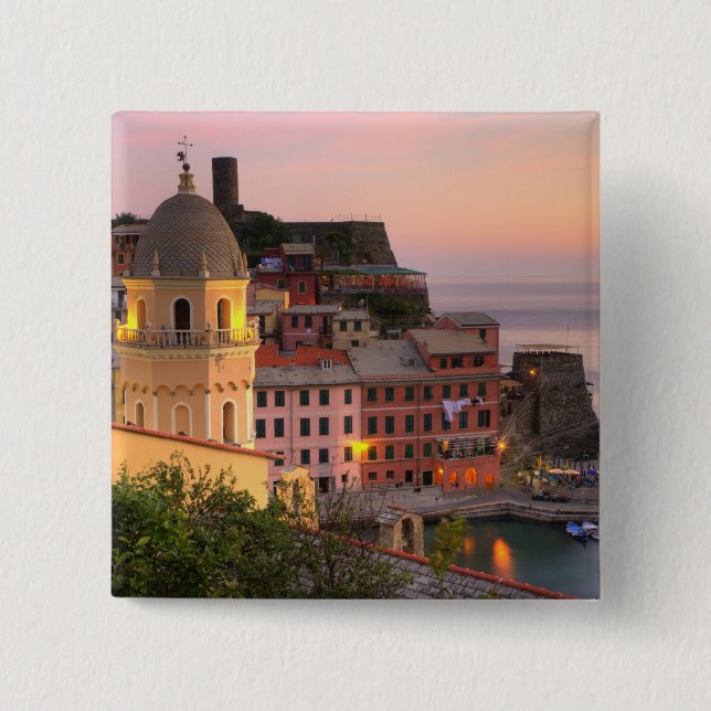 Hillside town of Vernazza in the evening, Cinque 2 Inch Square Button (Front)