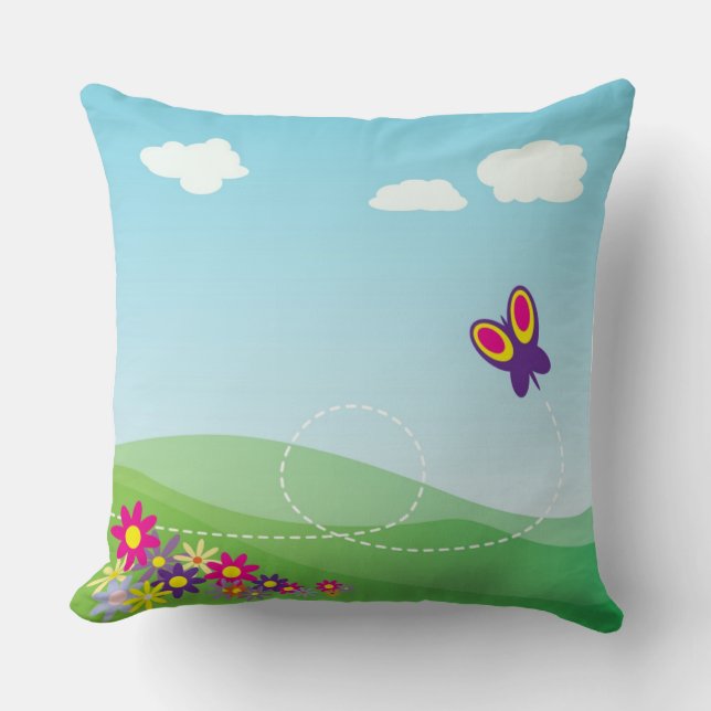 HILLSIDE WITH BUTTERFLY AND FLOWERS THROW PILLOW (Front)