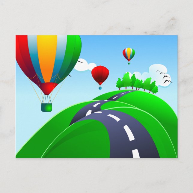 Hilly road with balloons, postcard (Front)