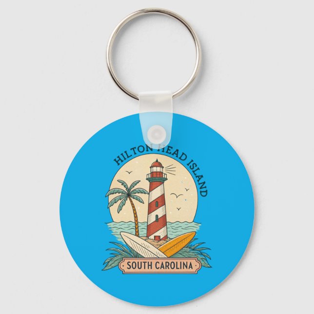 Hilton Head Island Lighthouse Palm Trees Surf Keychain (Front)