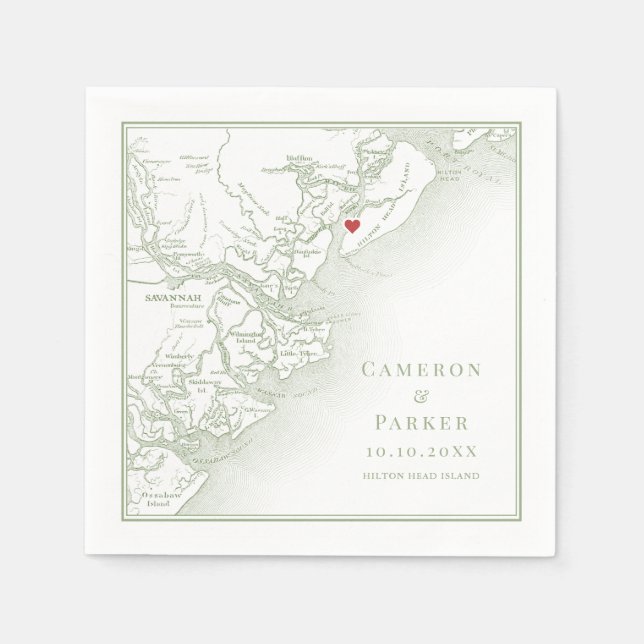 Hilton Head Island SC Map Elegant Sage Wedding Napkin (Front)