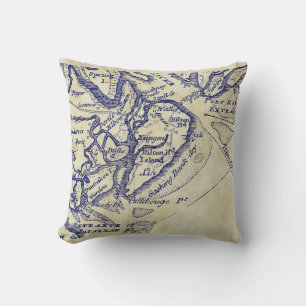 Hilton Head Island SC Vintage Map Navy Blue Tea St Throw Pillow