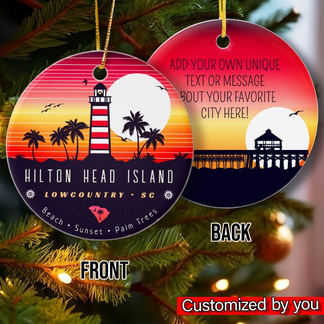 Hilton Head lighthouse SC Retro Sunset Souvenirs Ceramic Ornament (Creator Uploaded)