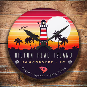 Hilton Head lighthouse SC Retro Sunset Souvenirs Round Clock